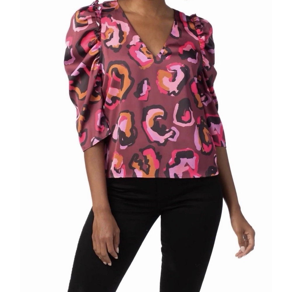 Crosby by Mollie Burch Keeva Top in Jungle Queen Pink Floral Puff Sleeve XL $192